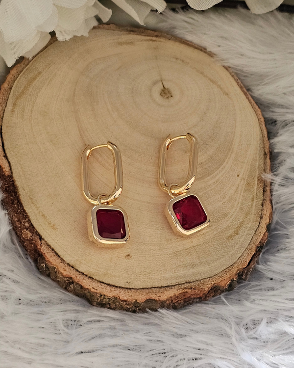 Geometric Gold-Plated Red Gemstone Drop Earrings