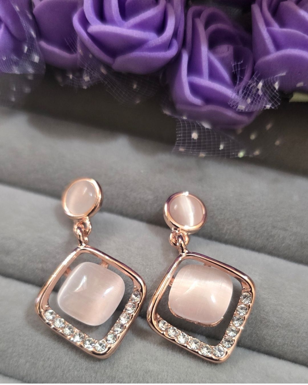 Rose Gold Geometric Cat Eye Zirconia Drop Earrings