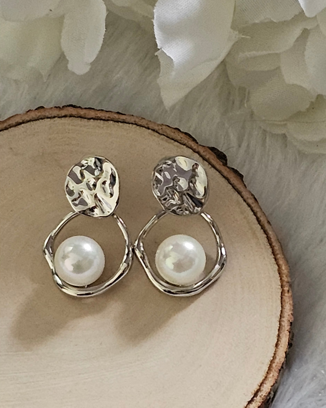 Textured Silver and Pearl Drop Earrings