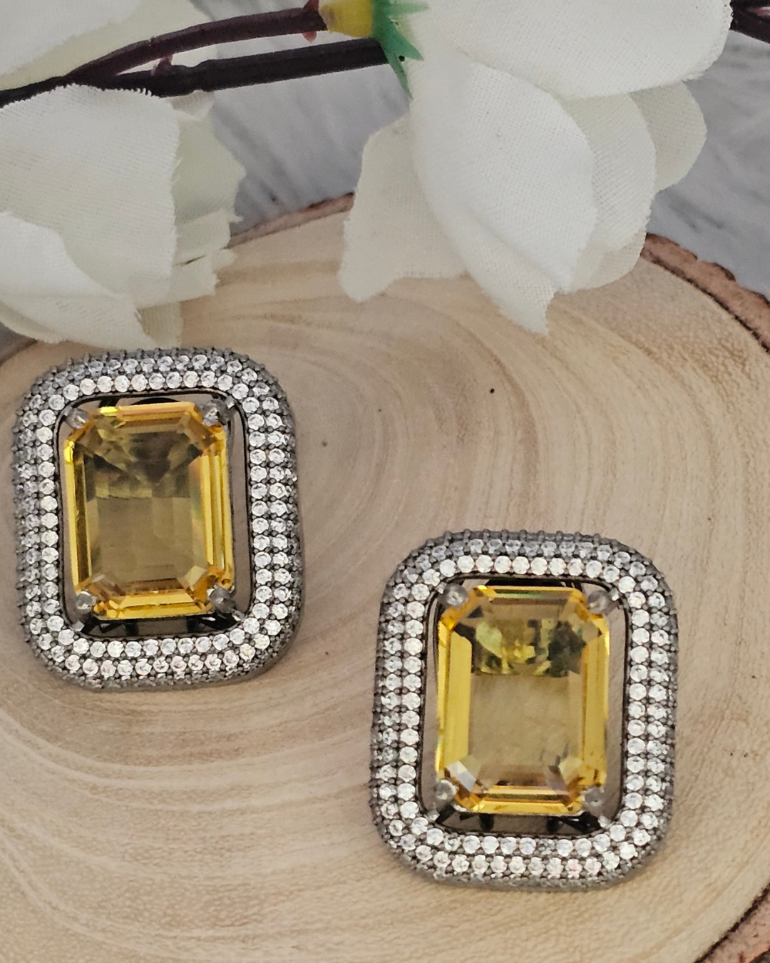 Vintage-Inspired Yellow Gemstone and Rhinestone Stud Earrings