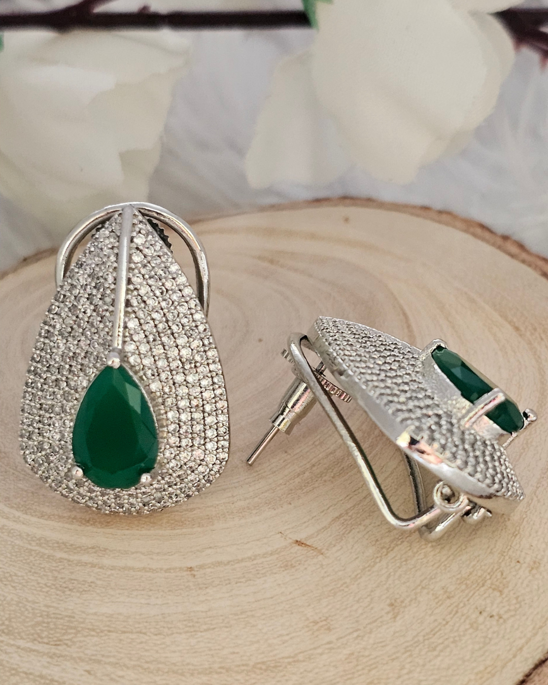 Teardrop Green Gemstone and Crystal Stud Earrings