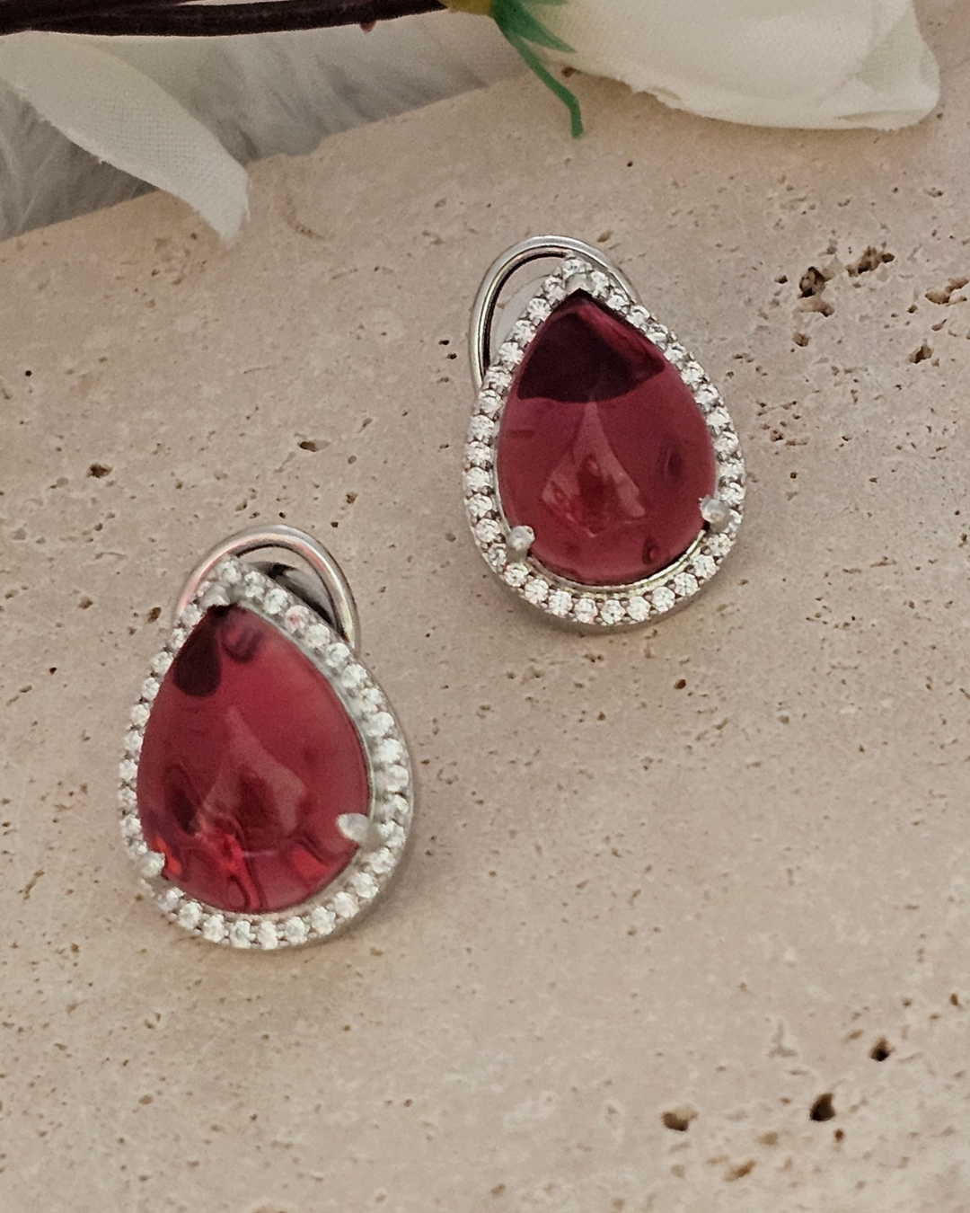 Teardrop Red Gemstone and Zirconia Stud Earrings