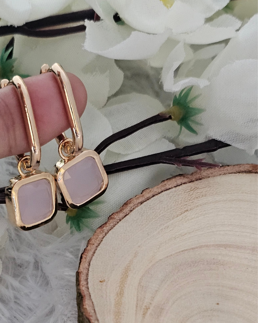 Square-Cut Soft Pink Gemstone Drop Earrings
