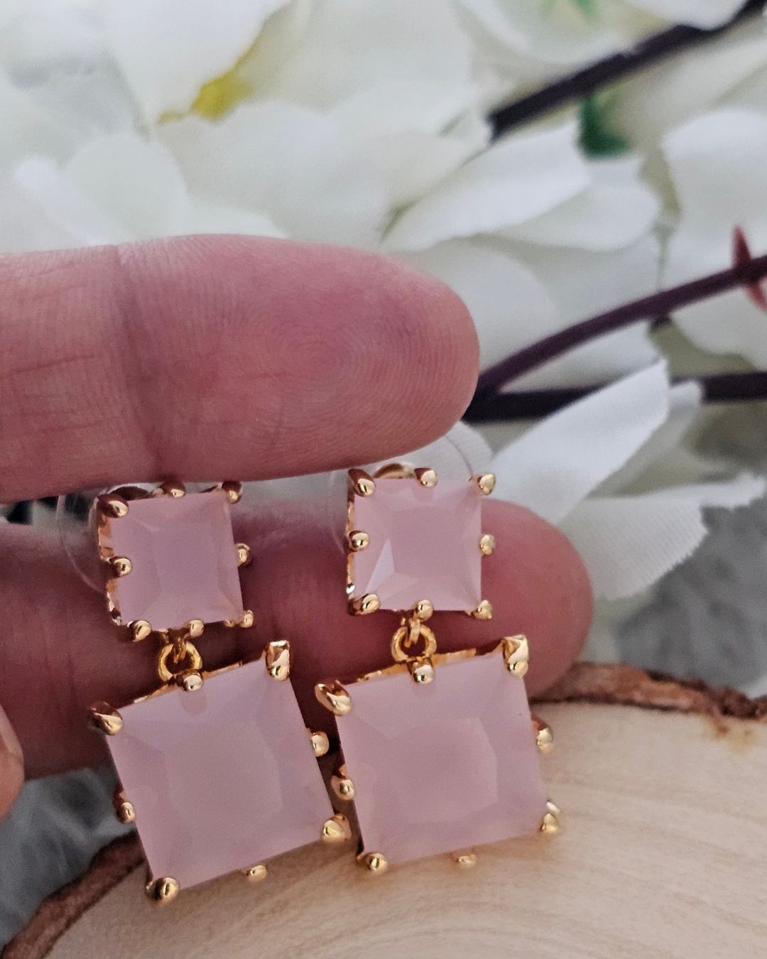Double Square-Cut Soft Pink Gemstone Stud Earrings