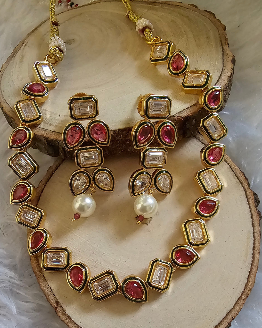 Traditional Gold-Tone Kundan and Red Stone Necklace and Earring Set