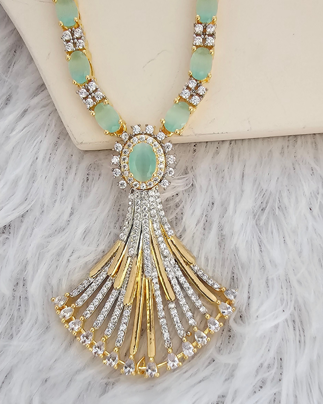Elegant Mint Green and Gold-Tone Pendant Necklace and Earring Set