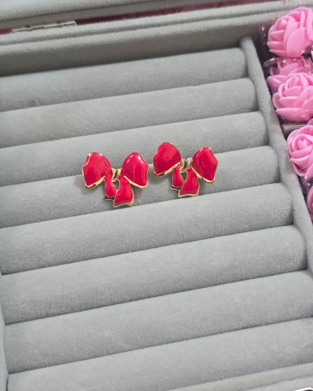 Red Enamel Bow Stud Earrings