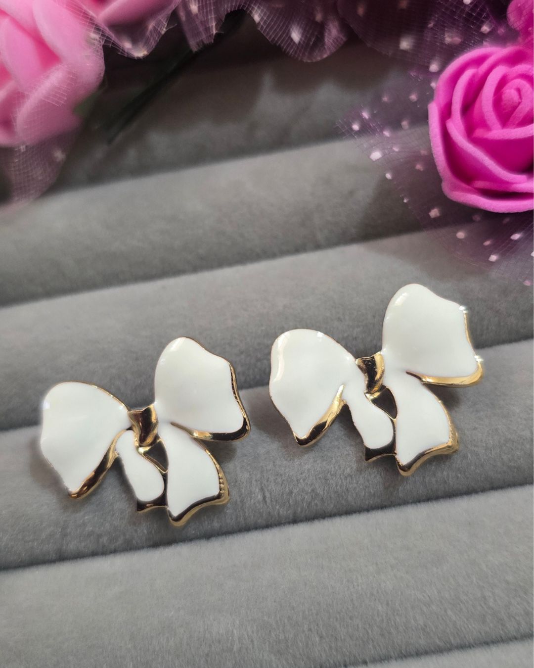 Ivory White Enamel Bow Stud Earrings