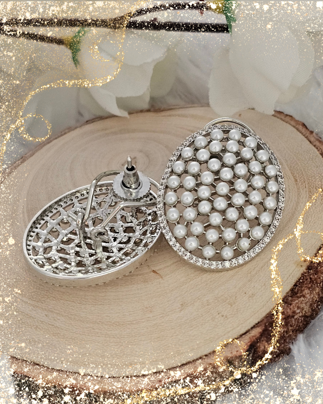 Silver Tone Pearl-Studded Oval Earrings