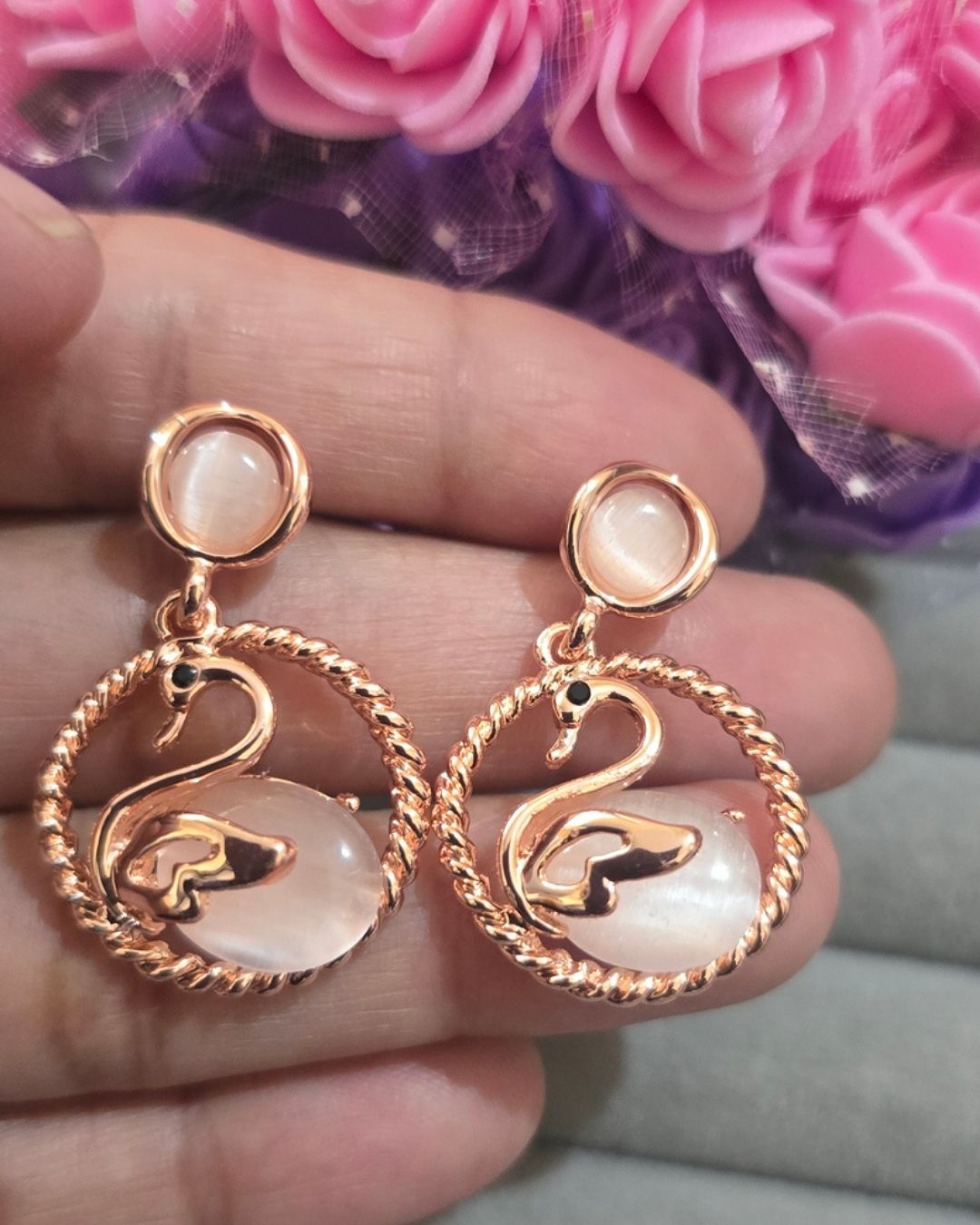 Rose Gold Swan Cat Eye Drop Earrings
