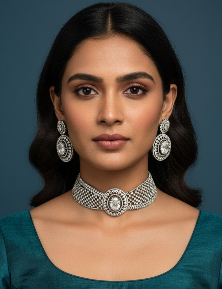 Antique Silver-Tone Choker and Earring Set with Large Gemstones
