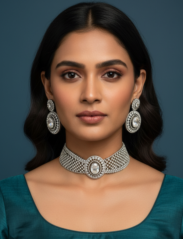 Antique Silver-Tone Choker and Earring Set with Large Gemstones