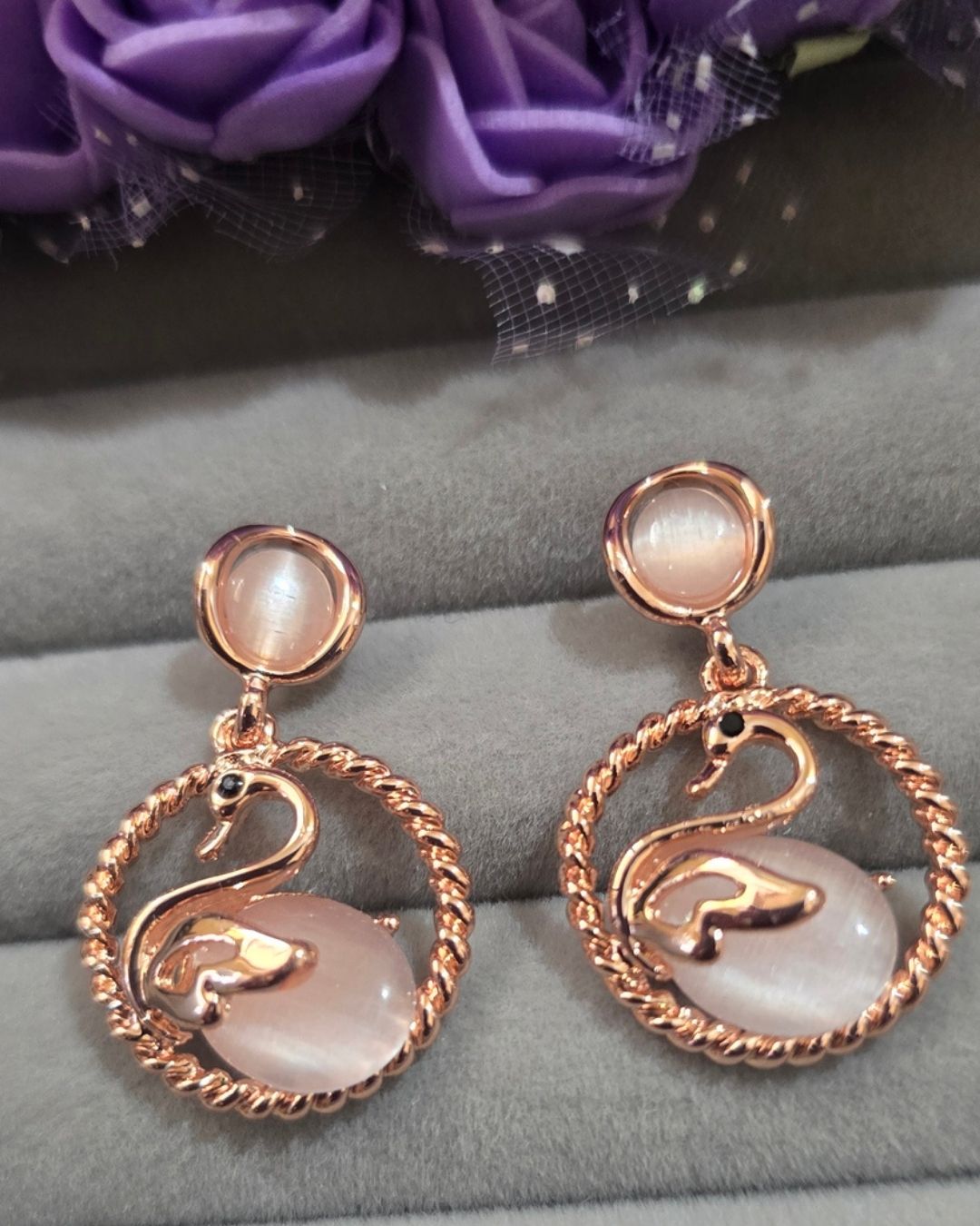 Rose Gold Swan Cat Eye Drop Earrings