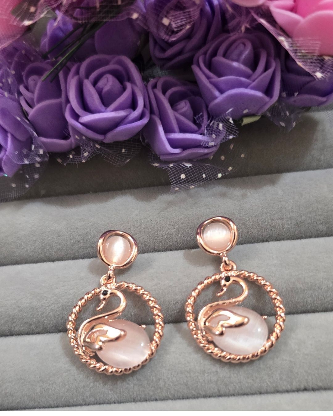 Rose Gold Swan Cat Eye Drop Earrings