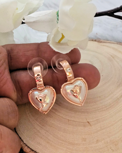 Rose Gold Heart Drop Earrings with Mother-of-Pearl Inlay