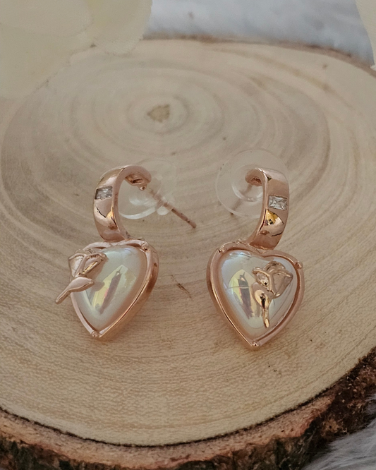 Rose Gold Heart Drop Earrings with Mother-of-Pearl Inlay