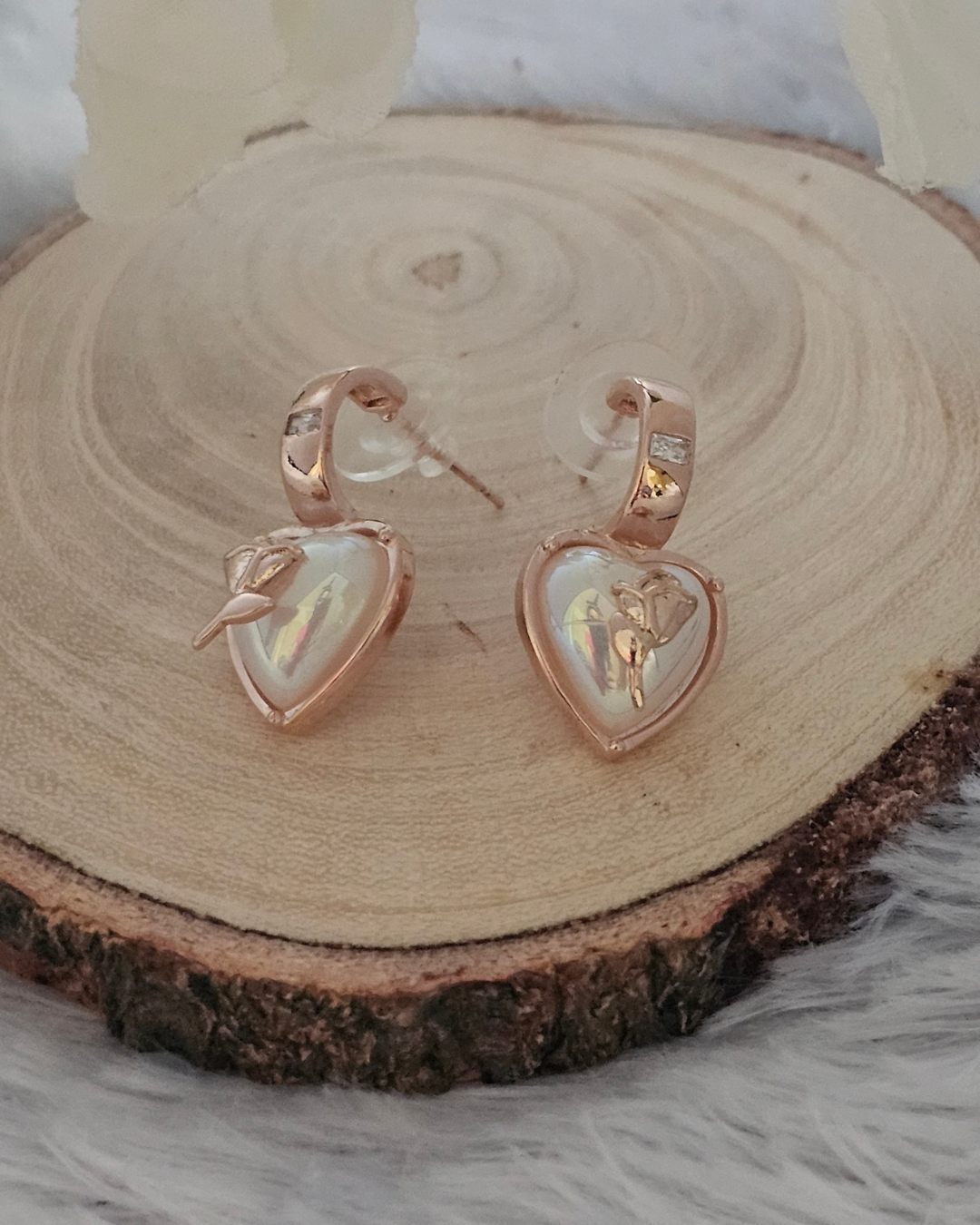 Rose Gold Heart Drop Earrings with Mother-of-Pearl Inlay