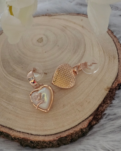 Rose Gold Heart Drop Earrings with Mother-of-Pearl Inlay