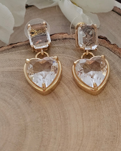 Gold-Plated Heart & Emerald Cut Zirconia Drop Earrings