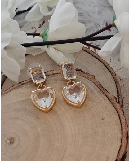 Gold-Plated Heart & Emerald Cut Zirconia Drop Earrings