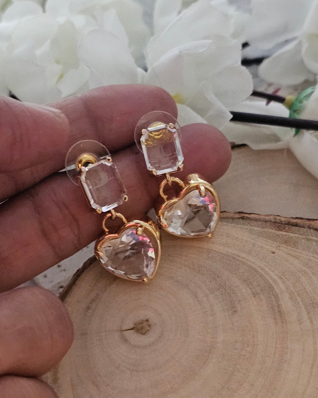 Gold-Plated Heart & Emerald Cut Zirconia Drop Earrings