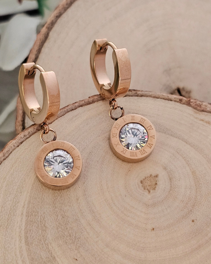 Roman Numeral Zirconia Drop Earrings – Rose Gold