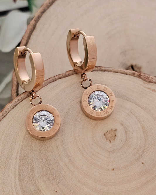 Roman Numeral Zirconia Drop Earrings – Rose Gold