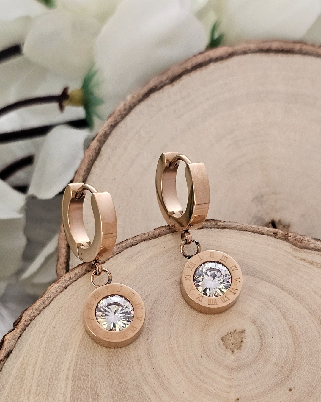 Roman Numeral Zirconia Drop Earrings – Rose Gold
