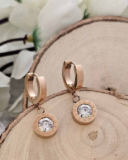 Roman Numeral Zirconia Drop Earrings – Rose Gold