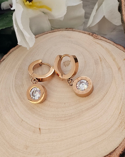 Roman Numeral Zirconia Drop Earrings – Rose Gold
