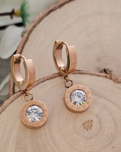 Roman Numeral Zirconia Drop Earrings – Rose Gold