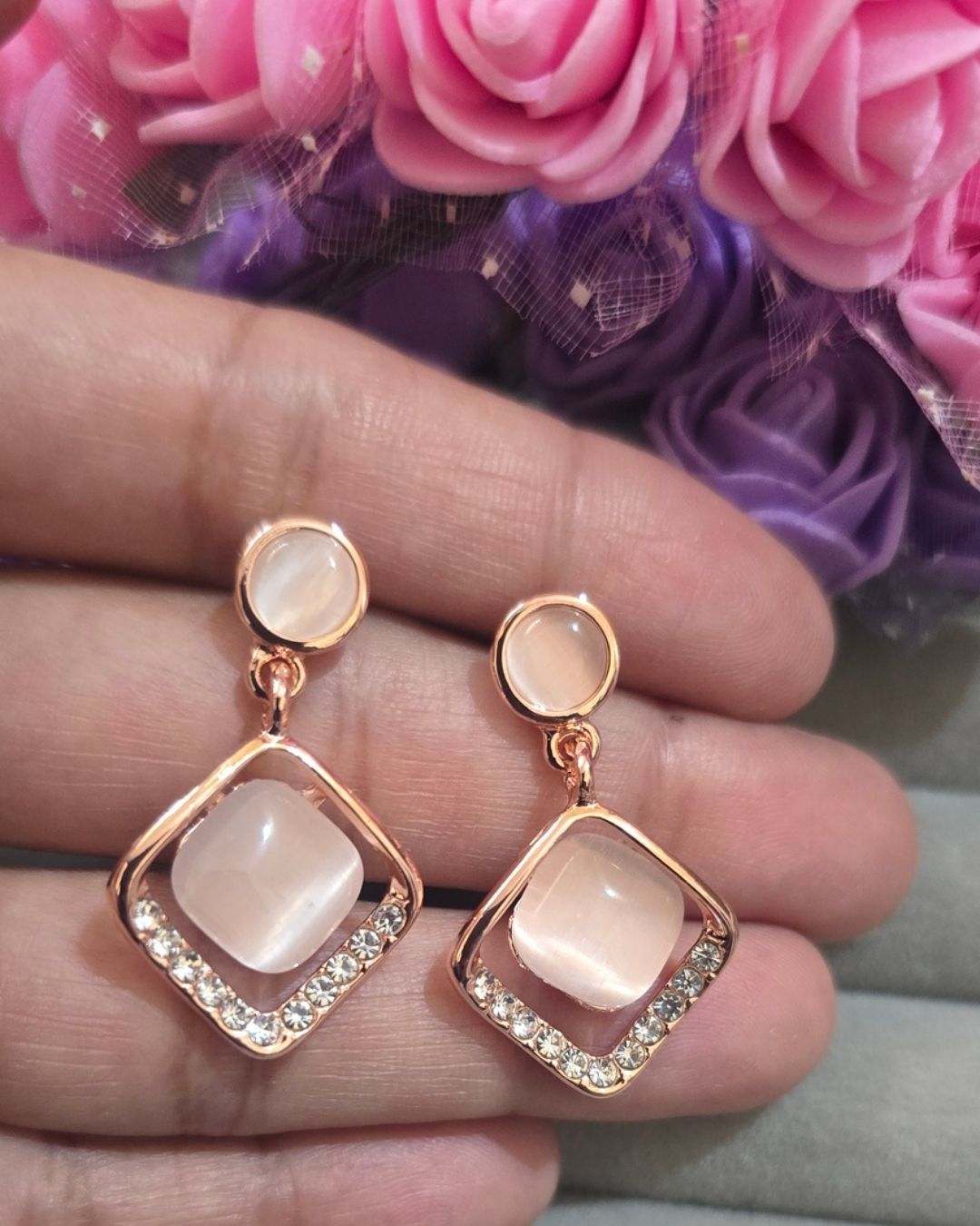 Rose Gold Geometric Cat Eye Zirconia Drop Earrings