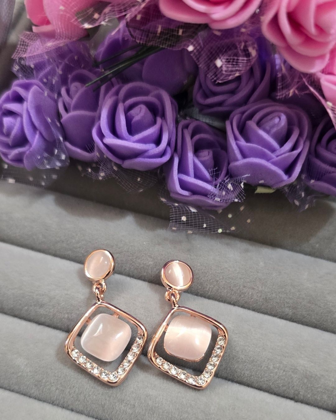 Rose Gold Geometric Cat Eye Zirconia Drop Earrings
