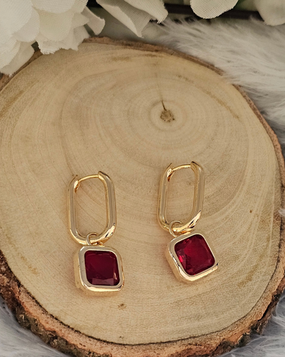 Geometric Gold-Plated Red Gemstone Drop Earrings