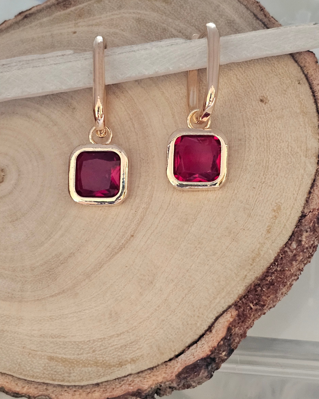 Geometric Gold-Plated Red Gemstone Drop Earrings