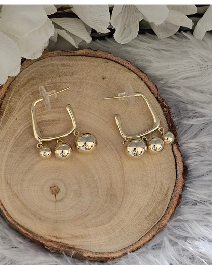Gold-Plated Geometric Drop Earrings with Triple Bead Accents
