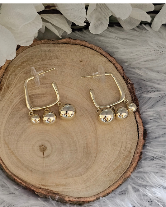 Gold-Plated Geometric Drop Earrings with Triple Bead Accents