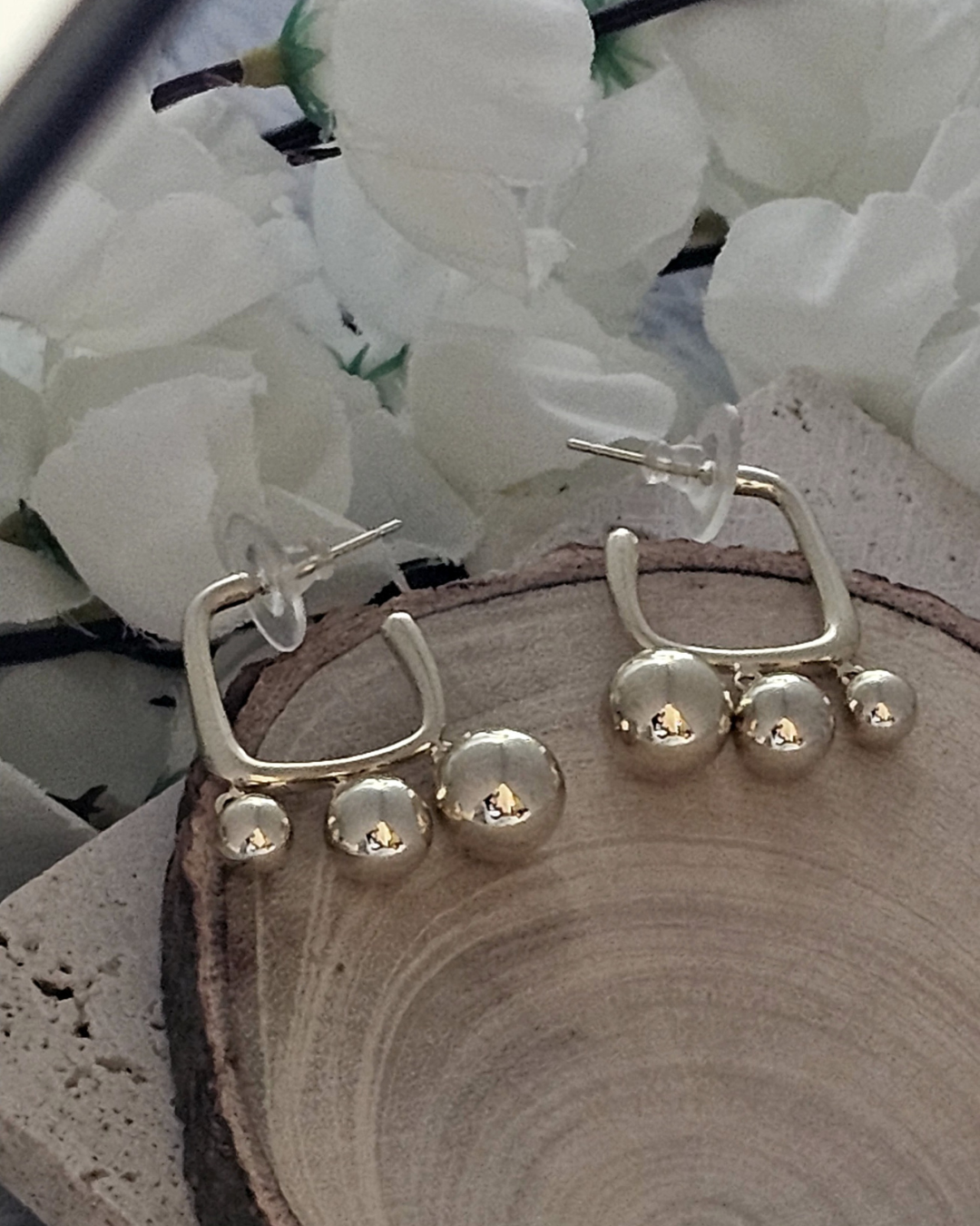 Gold-Plated Geometric Drop Earrings with Triple Bead Accents