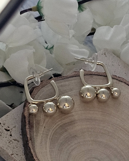 Gold-Plated Geometric Drop Earrings with Triple Bead Accents