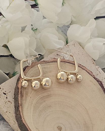 Gold-Plated Geometric Drop Earrings with Triple Bead Accents
