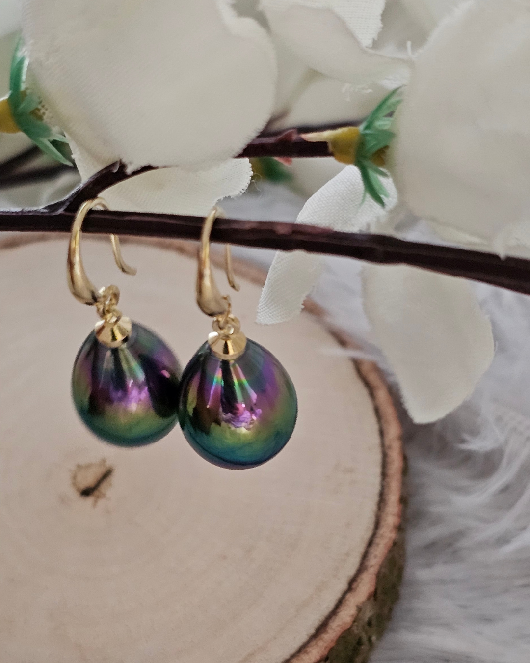 Iridescent Drop Earrings with Gold Hooks