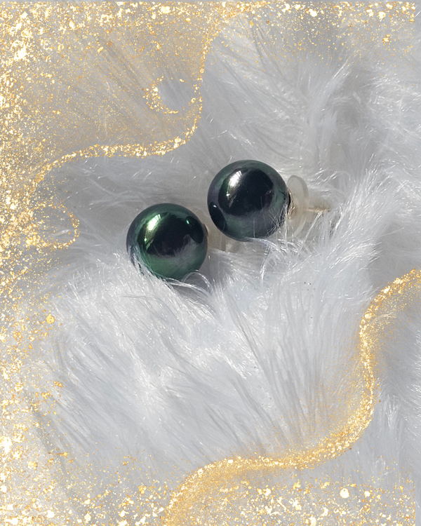 Dark Green Pearl Stud Earrings
