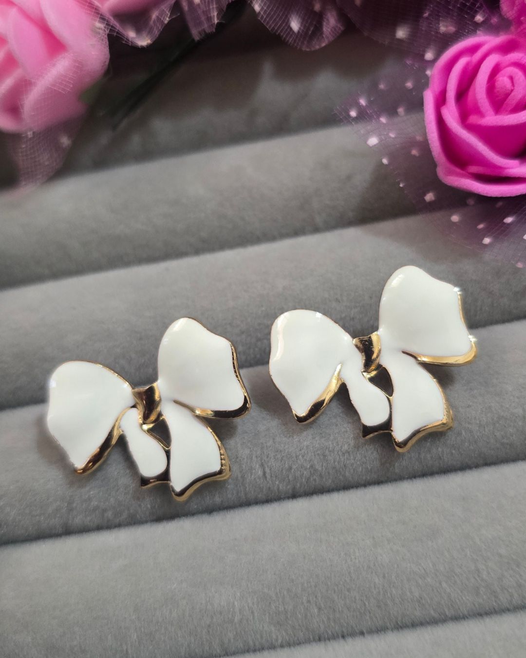 Ivory White Enamel Bow Stud Earrings