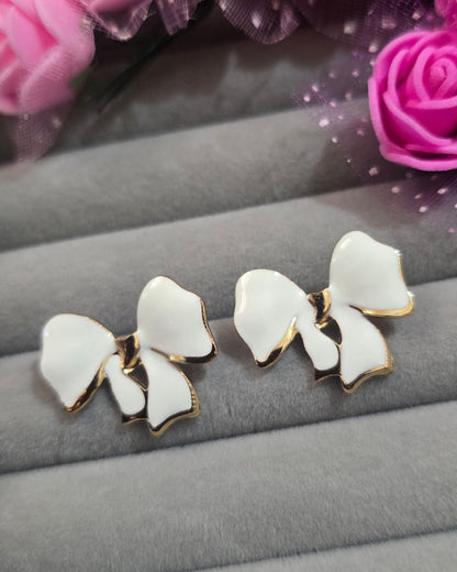 Ivory White Enamel Bow Stud Earrings