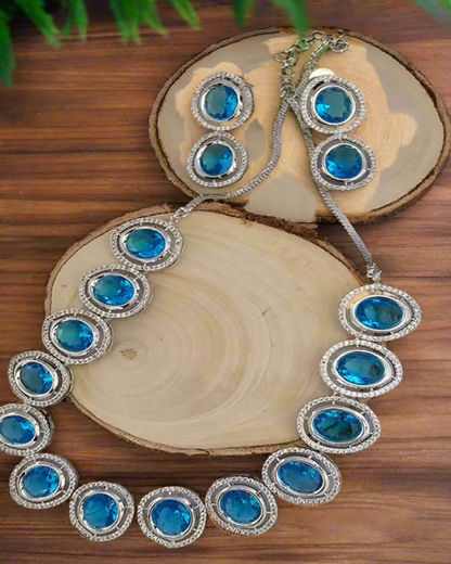 Blue Opal Cubic Zirconia Necklace & Earrings Set