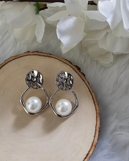 Textured Silver and Pearl Drop Earrings