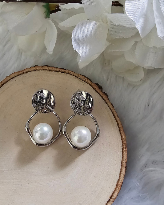 Textured Silver and Pearl Drop Earrings