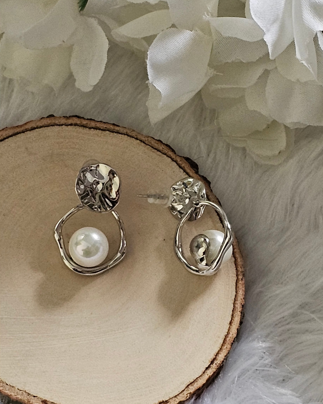 Textured Silver and Pearl Drop Earrings