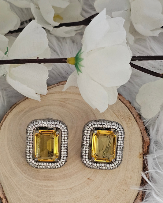 Vintage-Inspired Yellow Gemstone and Rhinestone Stud Earrings