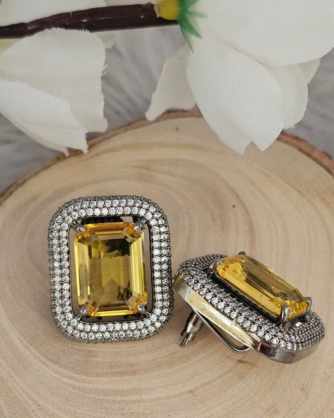 Vintage-Inspired Yellow Gemstone and Rhinestone Stud Earrings